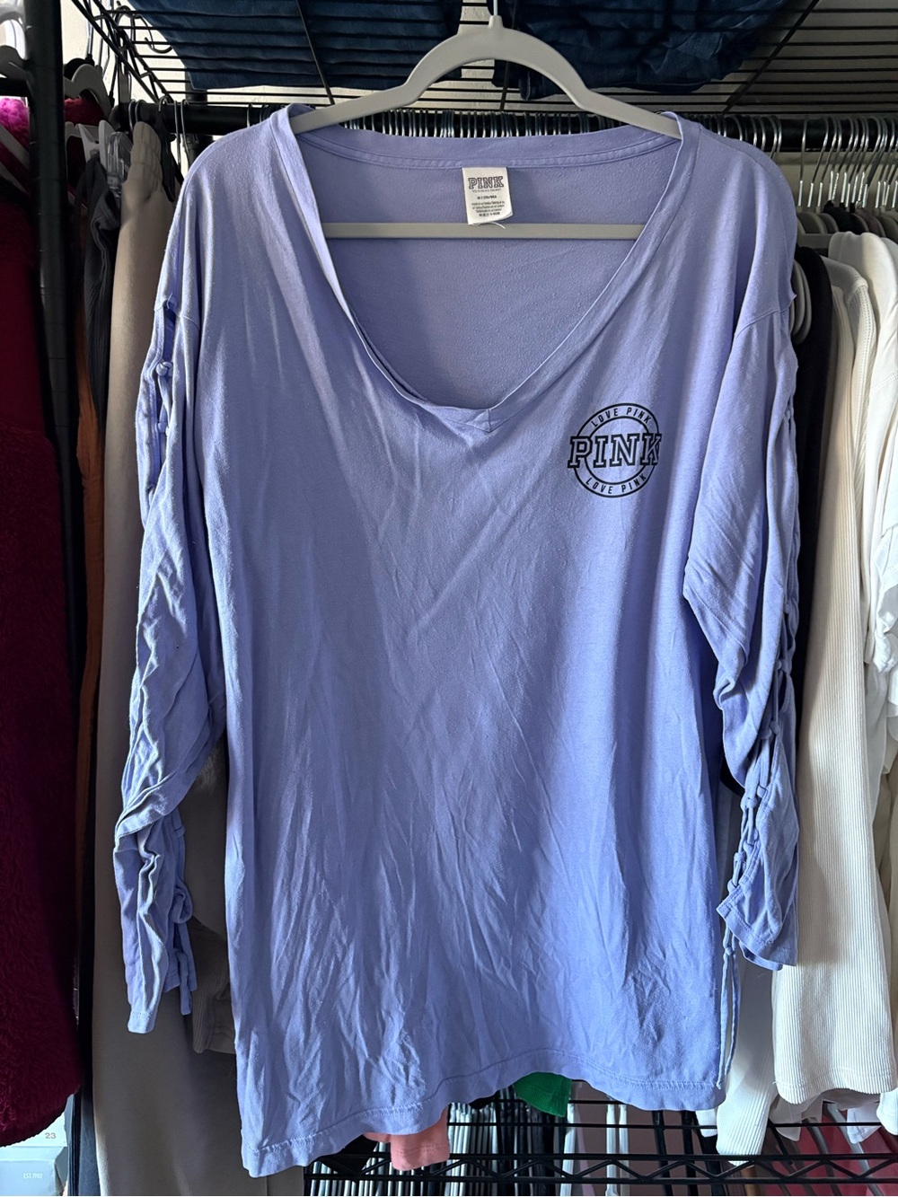 PINK Victoria's Secret Lavender V-Neck Ruched Sleeve Long Sleeve Top